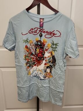 Ed Hardy Light Blue Tee with Red Script and Multicolor Skull Art
